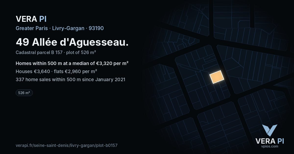 49 Allée d'Aguesseau, Livry-Gargan at night – the plot lit, the parcels around coloured by the prices near them