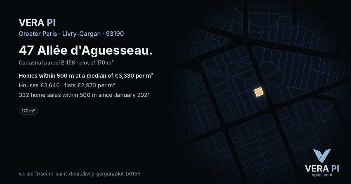 47 Allée d'Aguesseau, Livry-Gargan at night – the plot lit, the parcels around coloured by the prices near them
