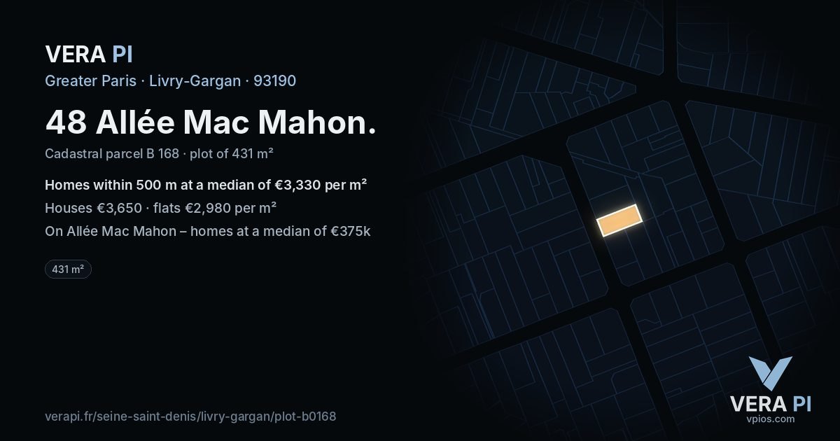48 Allée Mac Mahon, Livry-Gargan at night – the plot lit, the parcels around coloured by the prices near them