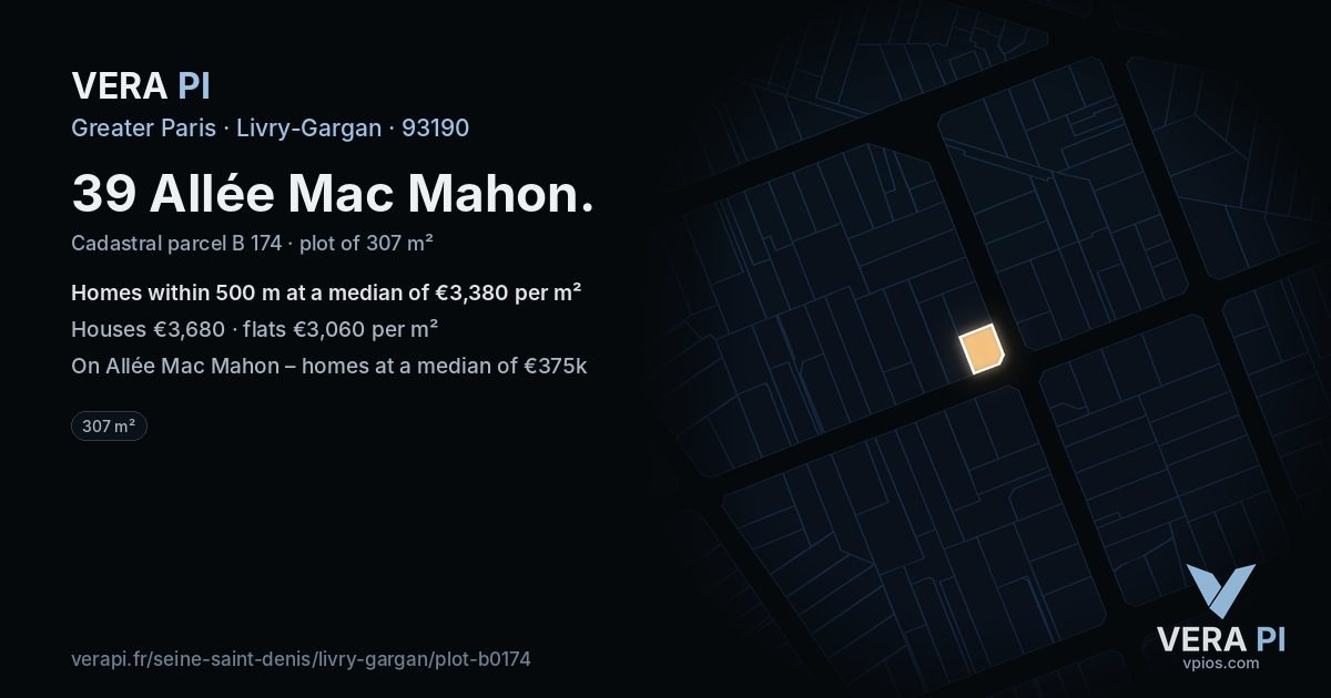 39 Allée Mac Mahon, Livry-Gargan at night – the plot lit, the parcels around coloured by the prices near them
