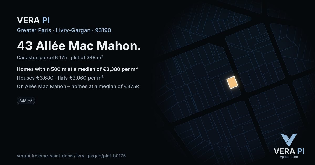 43 Allée Mac Mahon, Livry-Gargan at night – the plot lit, the parcels around coloured by the prices near them