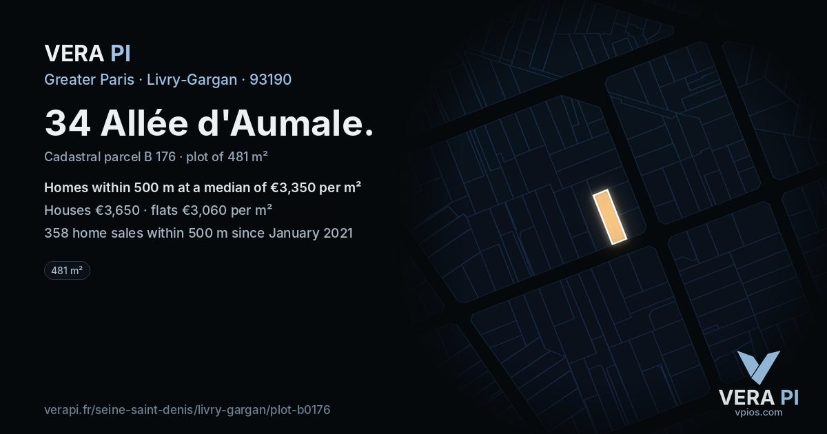 34 Allée d'Aumale, Livry-Gargan at night – the plot lit, the parcels around coloured by the prices near them