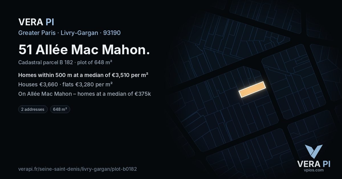 51 Allée Mac Mahon, Livry-Gargan at night – the plot lit, the parcels around coloured by the prices near them