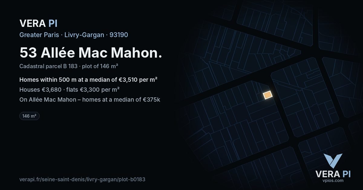 53 Allée Mac Mahon, Livry-Gargan at night – the plot lit, the parcels around coloured by the prices near them