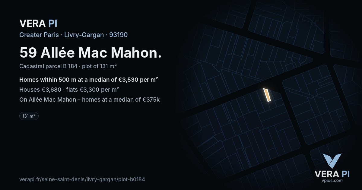 59 Allée Mac Mahon, Livry-Gargan at night – the plot lit, the parcels around coloured by the prices near them