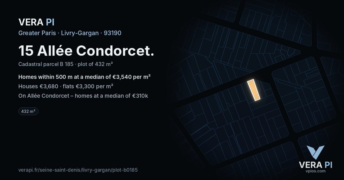 15 Allée Condorcet, Livry-Gargan at night – the plot lit, the parcels around coloured by the prices near them