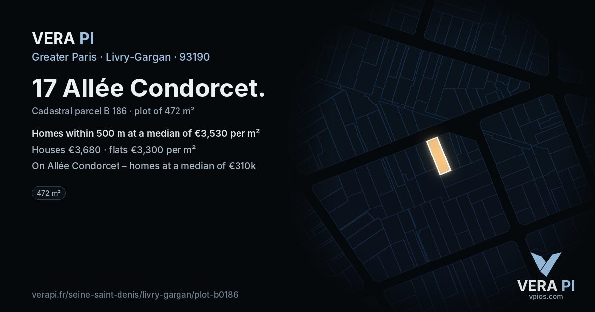 17 Allée Condorcet, Livry-Gargan at night – the plot lit, the parcels around coloured by the prices near them