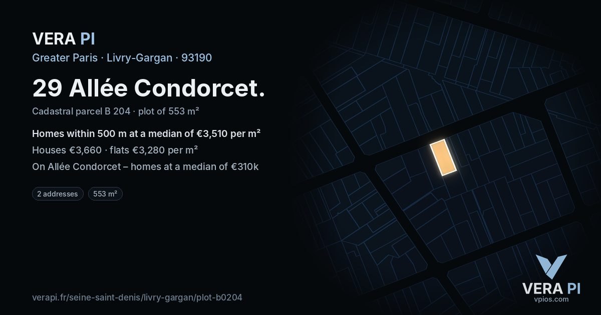 29 Allée Condorcet, Livry-Gargan at night – the plot lit, the parcels around coloured by the prices near them