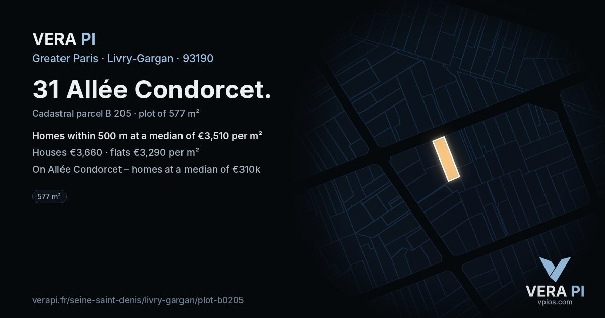31 Allée Condorcet, Livry-Gargan at night – the plot lit, the parcels around coloured by the prices near them