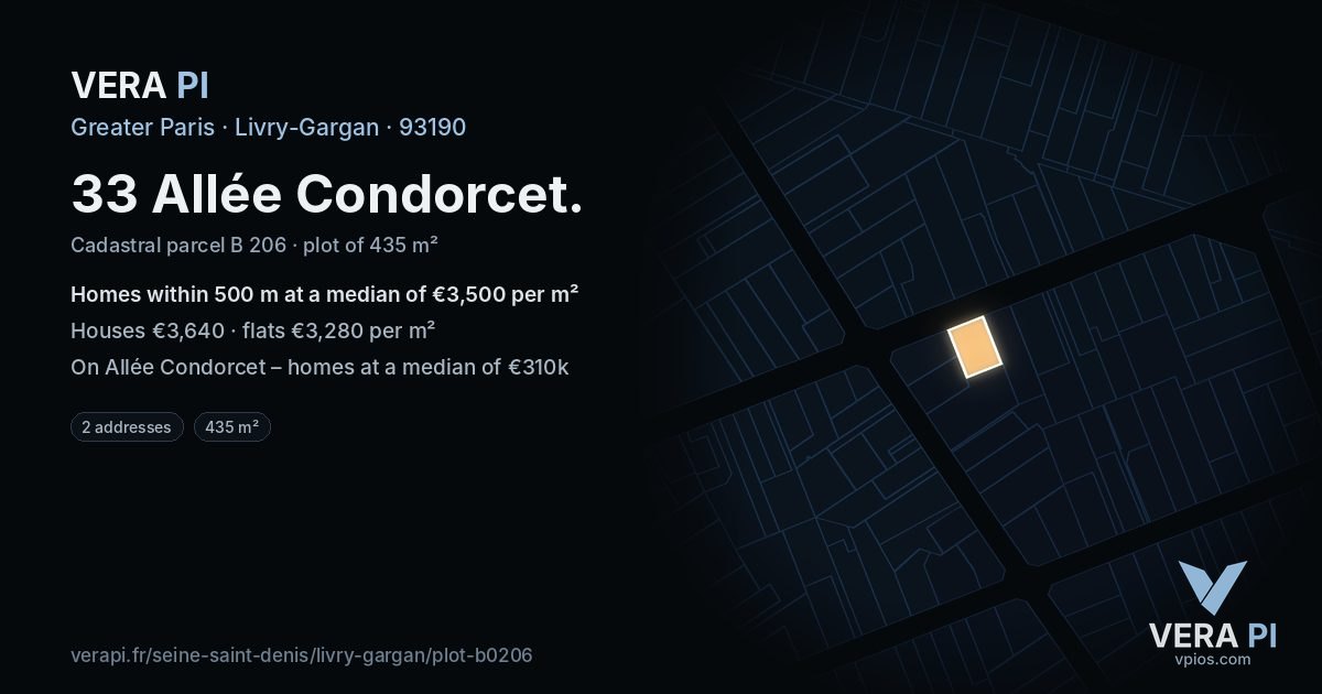 33 Allée Condorcet, Livry-Gargan at night – the plot lit, the parcels around coloured by the prices near them