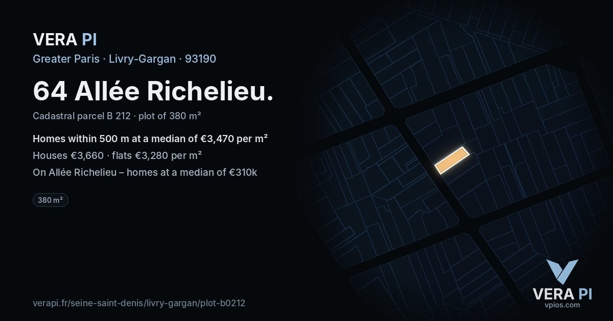 64 Allée Richelieu, Livry-Gargan at night – the plot lit, the parcels around coloured by the prices near them
