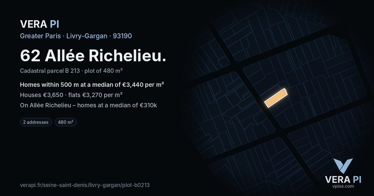 62 Allée Richelieu, Livry-Gargan at night – the plot lit, the parcels around coloured by the prices near them