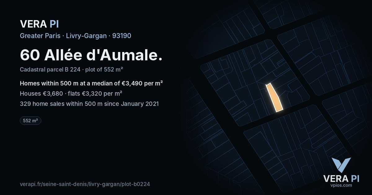 60 Allée d'Aumale, Livry-Gargan at night – the plot lit, the parcels around coloured by the prices near them