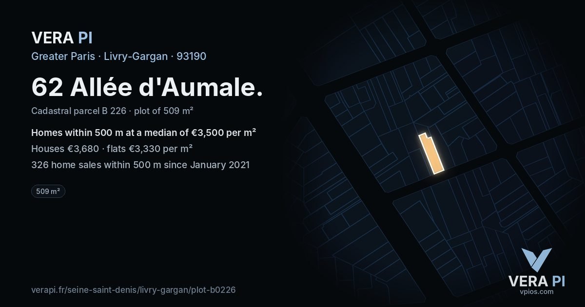 62 Allée d'Aumale, Livry-Gargan at night – the plot lit, the parcels around coloured by the prices near them
