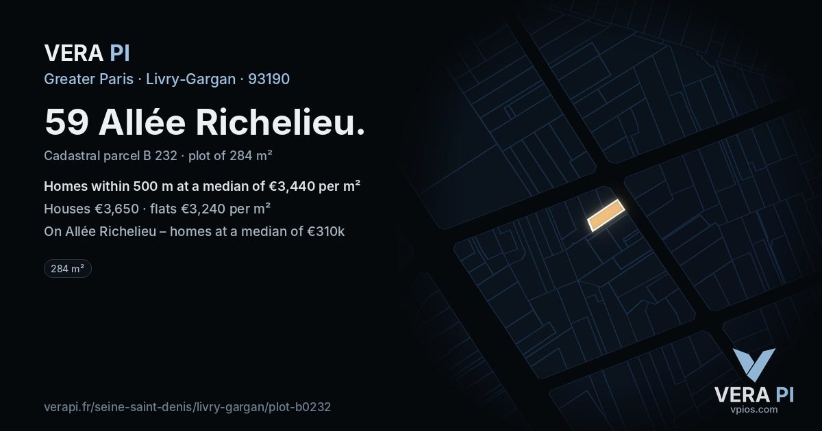 59 Allée Richelieu, Livry-Gargan at night – the plot lit, the parcels around coloured by the prices near them