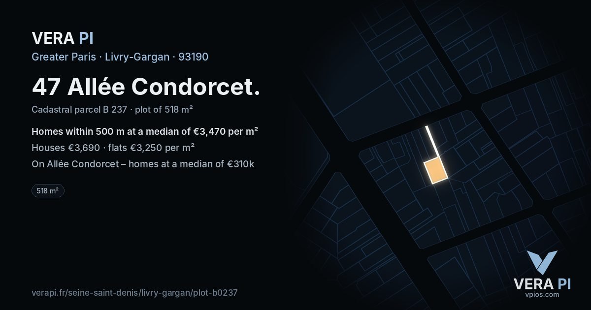 47 Allée Condorcet, Livry-Gargan at night – the plot lit, the parcels around coloured by the prices near them