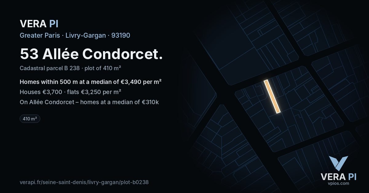 53 Allée Condorcet, Livry-Gargan at night – the plot lit, the parcels around coloured by the prices near them