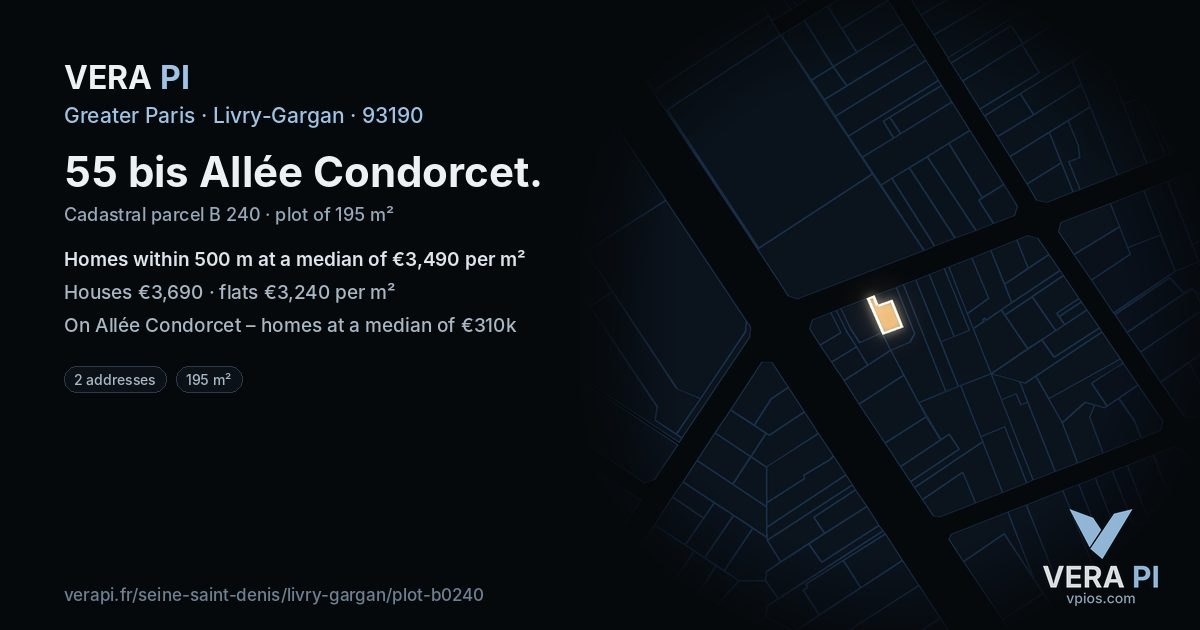 55 bis Allée Condorcet, Livry-Gargan at night – the plot lit, the parcels around coloured by the prices near them