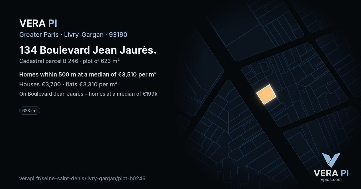 134 Boulevard Jean Jaurès, Livry-Gargan at night – the plot lit, the parcels around coloured by the prices near them