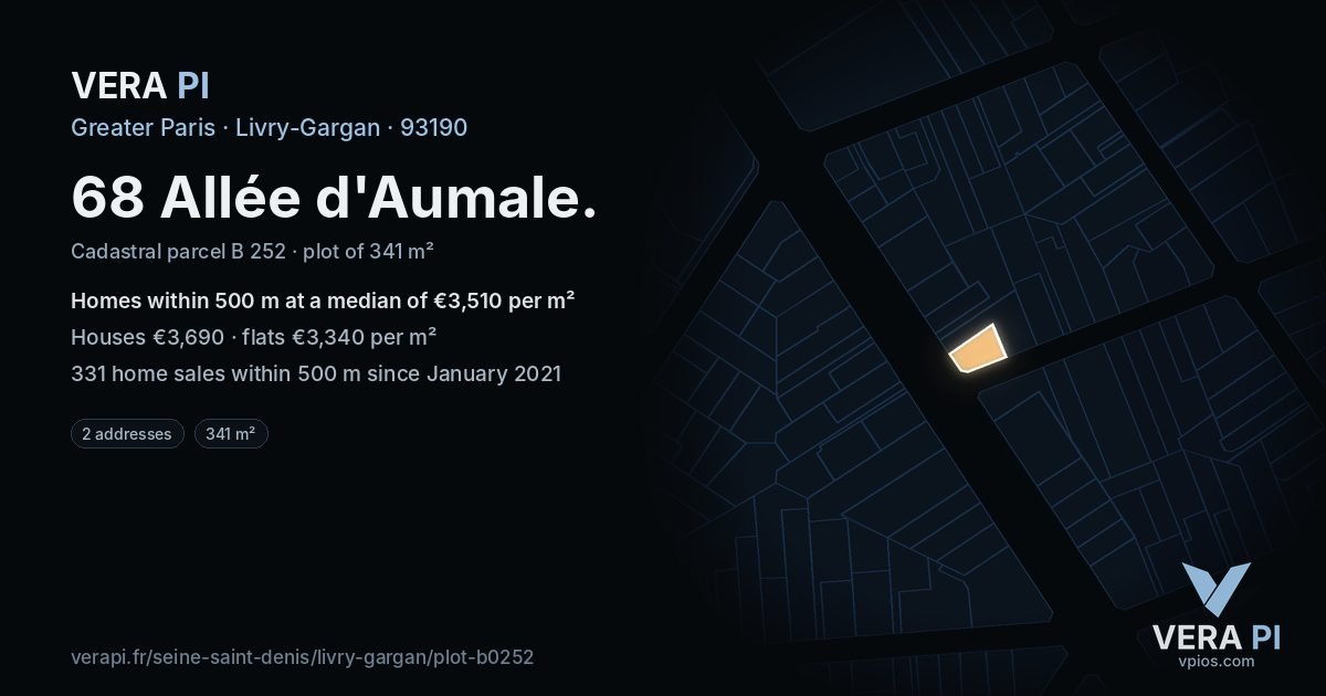 68 Allée d'Aumale, Livry-Gargan at night – the plot lit, the parcels around coloured by the prices near them