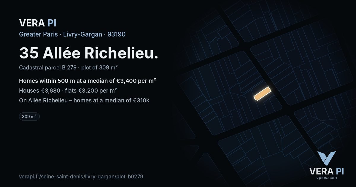 35 Allée Richelieu, Livry-Gargan at night – the plot lit, the parcels around coloured by the prices near them