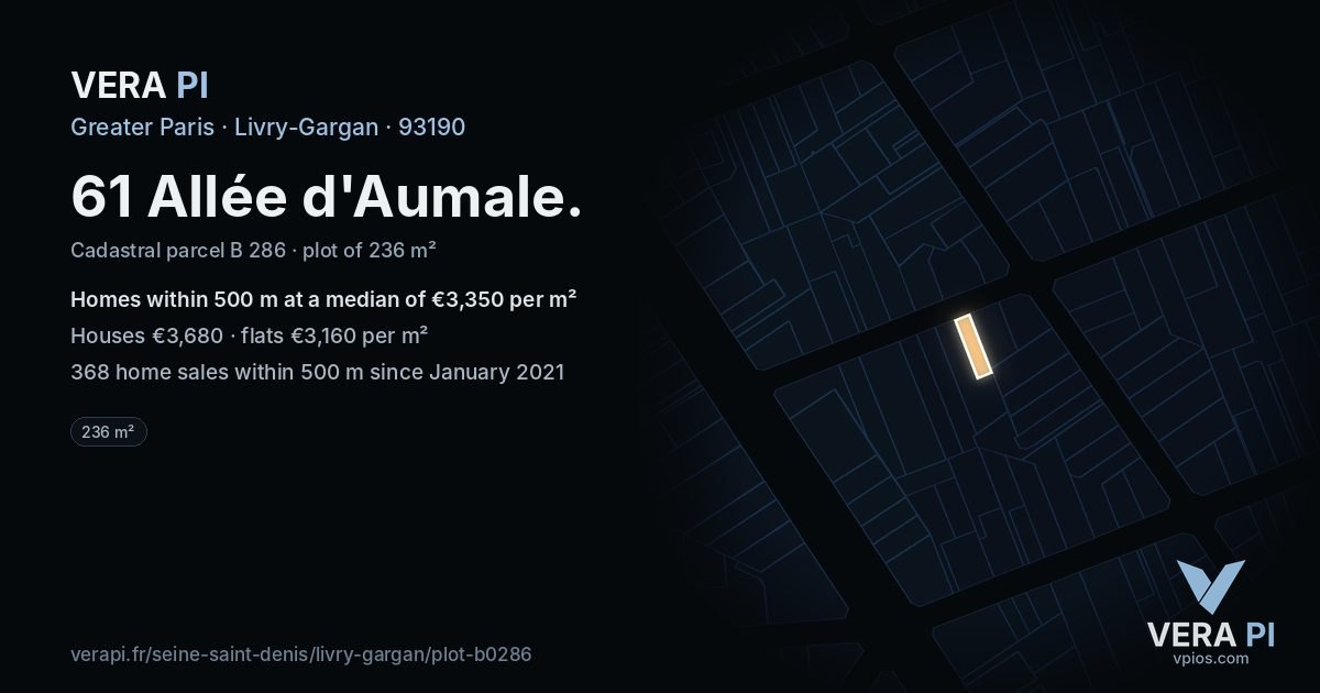61 Allée d'Aumale, Livry-Gargan at night – the plot lit, the parcels around coloured by the prices near them