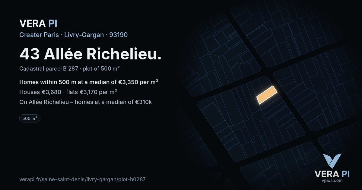 43 Allée Richelieu, Livry-Gargan at night – the plot lit, the parcels around coloured by the prices near them