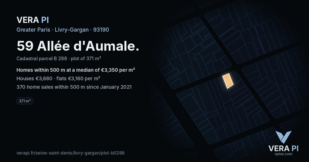 59 Allée d'Aumale, Livry-Gargan at night – the plot lit, the parcels around coloured by the prices near them