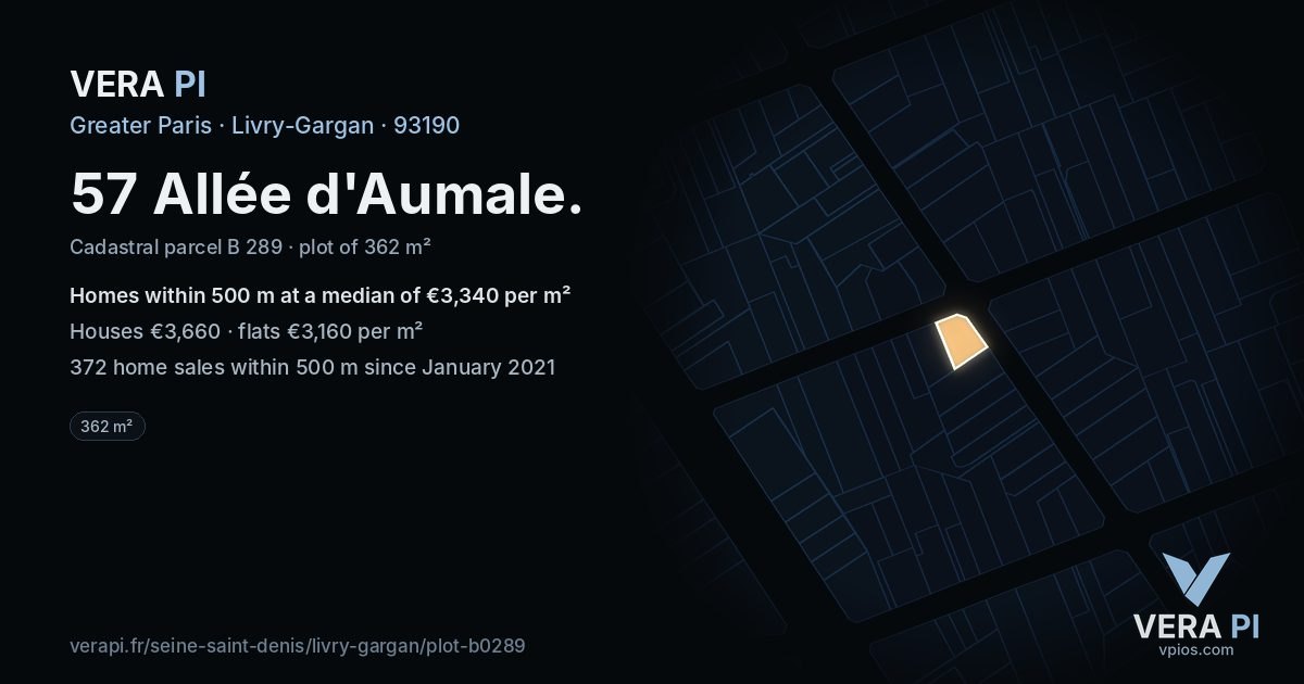 57 Allée d'Aumale, Livry-Gargan at night – the plot lit, the parcels around coloured by the prices near them