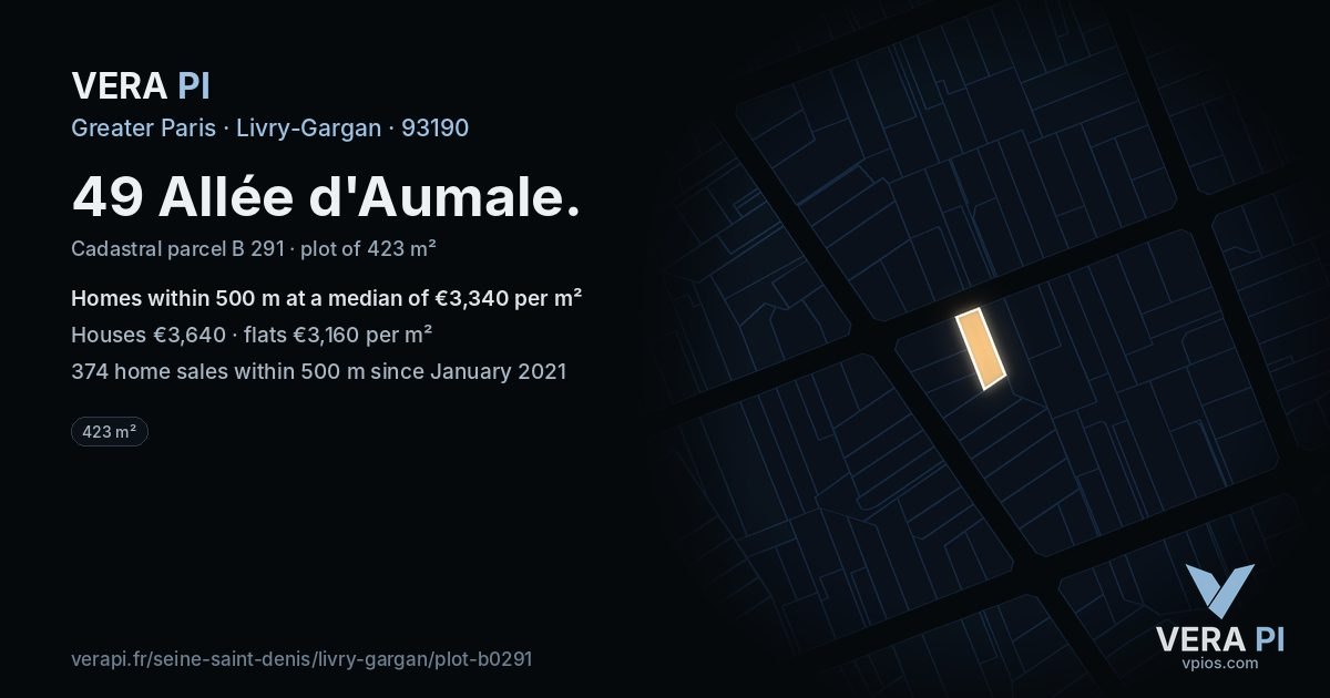 49 Allée d'Aumale, Livry-Gargan at night – the plot lit, the parcels around coloured by the prices near them