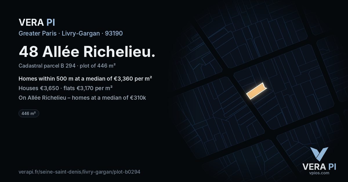 48 Allée Richelieu, Livry-Gargan at night – the plot lit, the parcels around coloured by the prices near them
