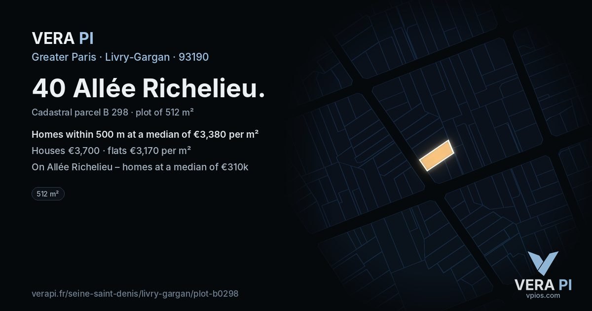 40 Allée Richelieu, Livry-Gargan at night – the plot lit, the parcels around coloured by the prices near them