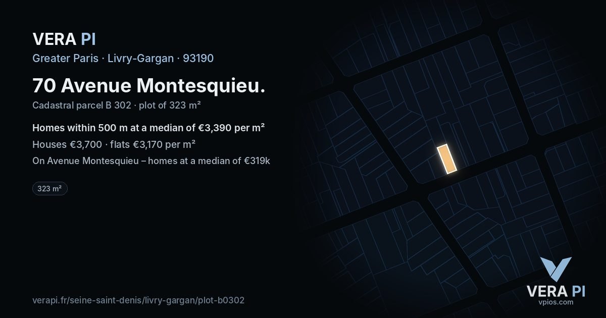 70 Avenue Montesquieu, Livry-Gargan at night – the plot lit, the parcels around coloured by the prices near them