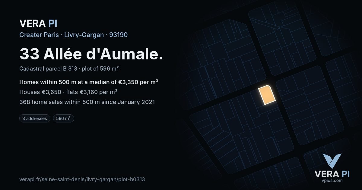 33 Allée d'Aumale, Livry-Gargan at night – the plot lit, the parcels around coloured by the prices near them