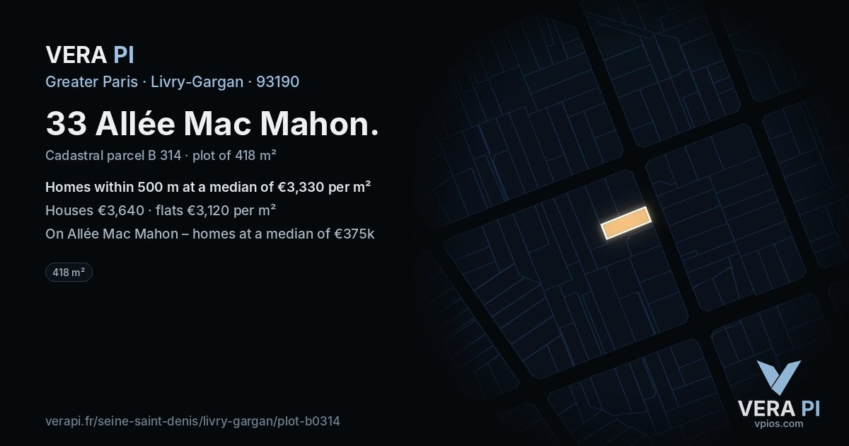 33 Allée Mac Mahon, Livry-Gargan at night – the plot lit, the parcels around coloured by the prices near them
