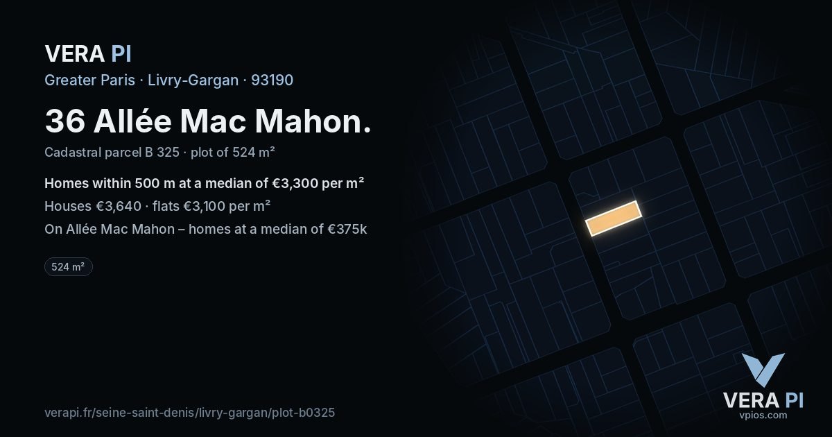 36 Allée Mac Mahon, Livry-Gargan at night – the plot lit, the parcels around coloured by the prices near them