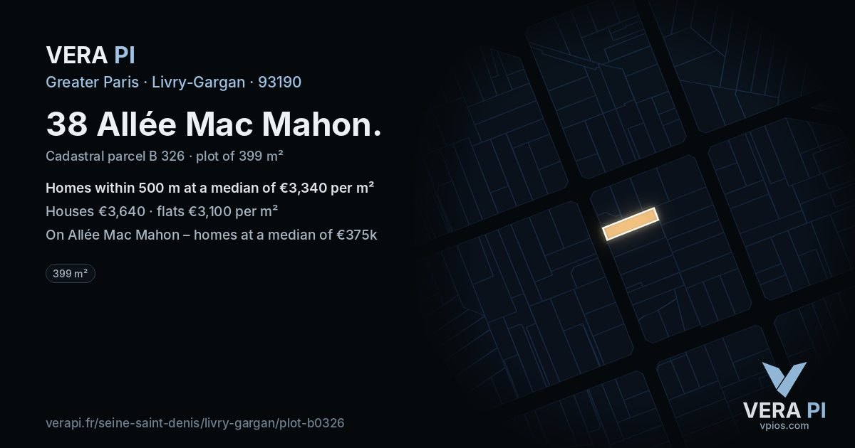38 Allée Mac Mahon, Livry-Gargan at night – the plot lit, the parcels around coloured by the prices near them