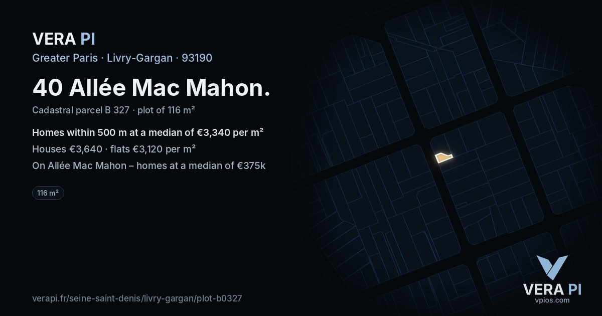 40 Allée Mac Mahon, Livry-Gargan at night – the plot lit, the parcels around coloured by the prices near them