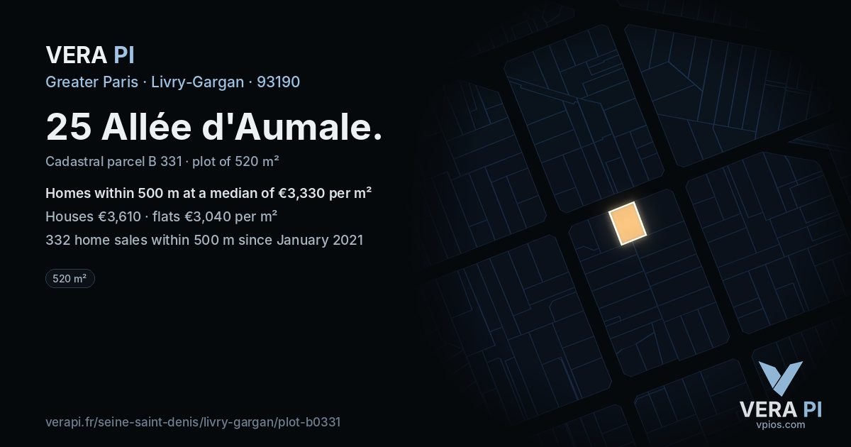 25 Allée d'Aumale, Livry-Gargan at night – the plot lit, the parcels around coloured by the prices near them