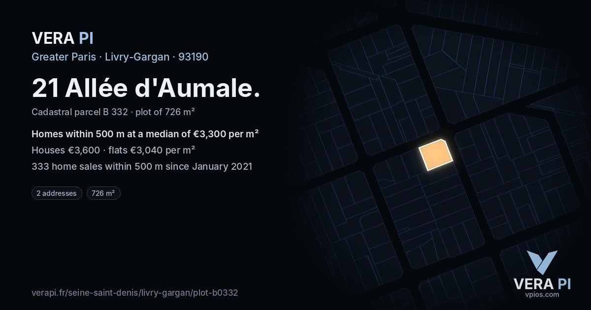 21 Allée d'Aumale, Livry-Gargan at night – the plot lit, the parcels around coloured by the prices near them