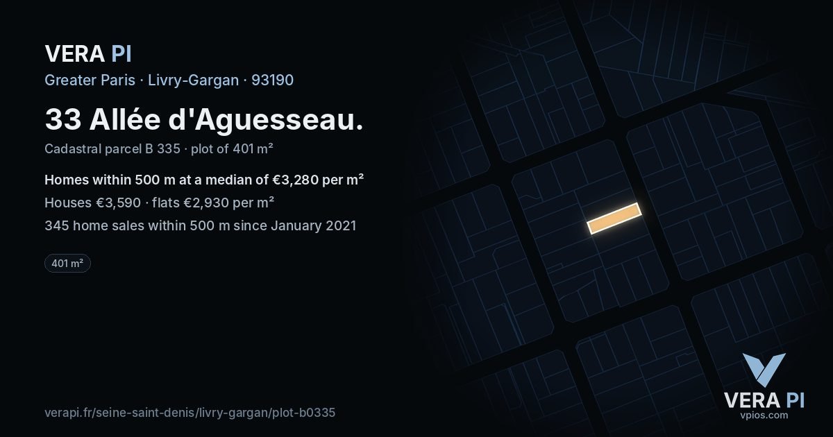33 Allée d'Aguesseau, Livry-Gargan at night – the plot lit, the parcels around coloured by the prices near them
