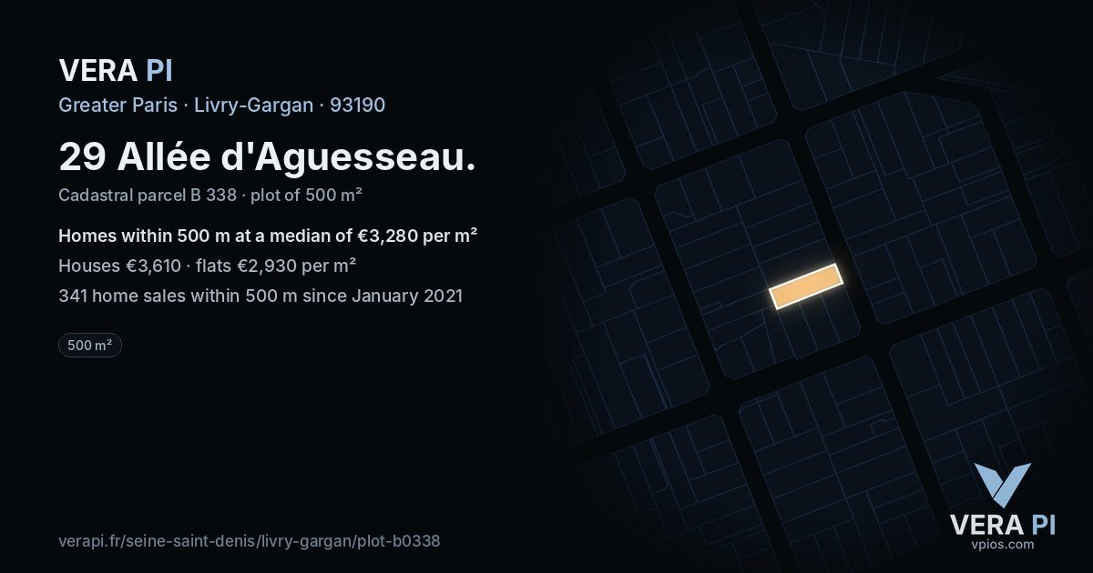 29 Allée d'Aguesseau, Livry-Gargan at night – the plot lit, the parcels around coloured by the prices near them