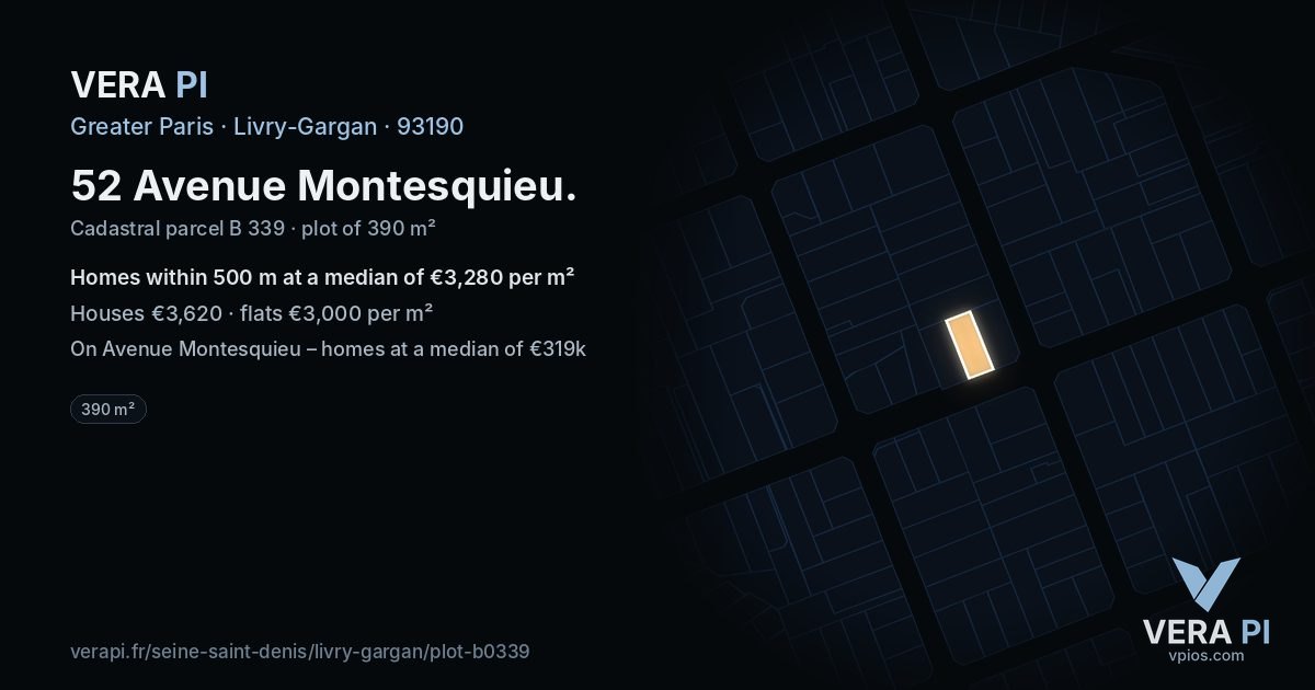 52 Avenue Montesquieu, Livry-Gargan at night – the plot lit, the parcels around coloured by the prices near them
