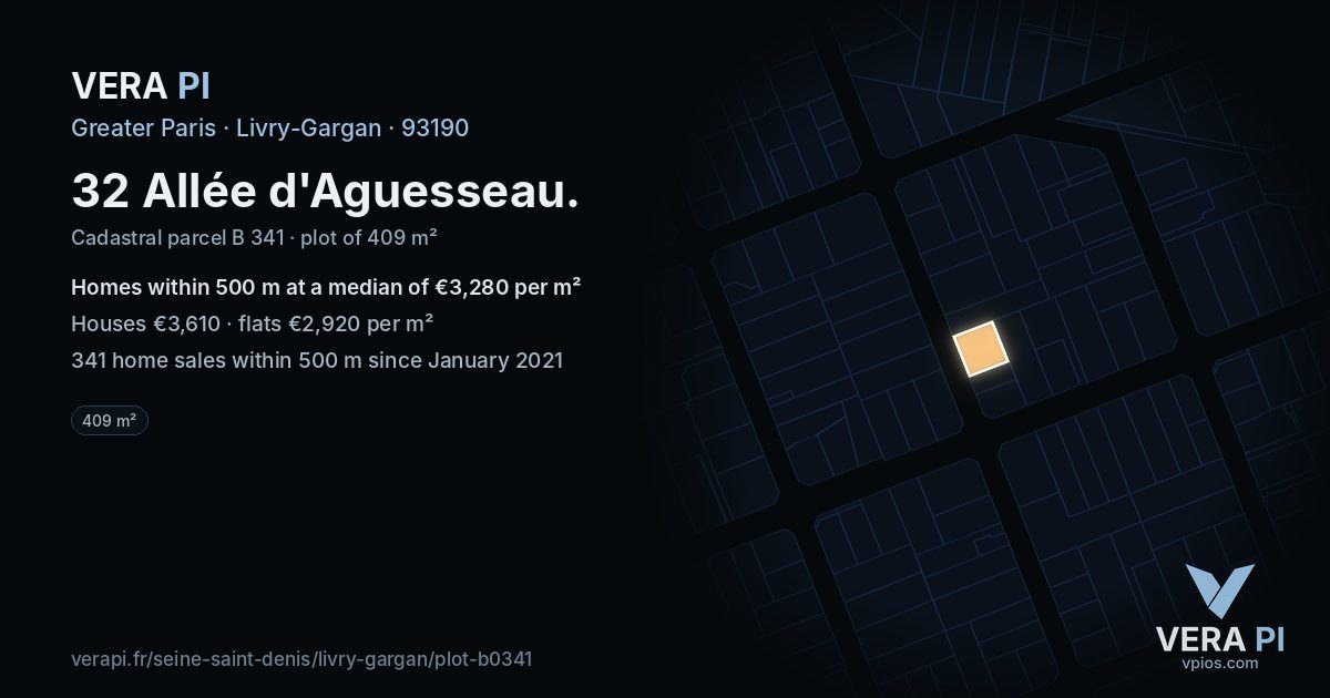 32 Allée d'Aguesseau, Livry-Gargan at night – the plot lit, the parcels around coloured by the prices near them