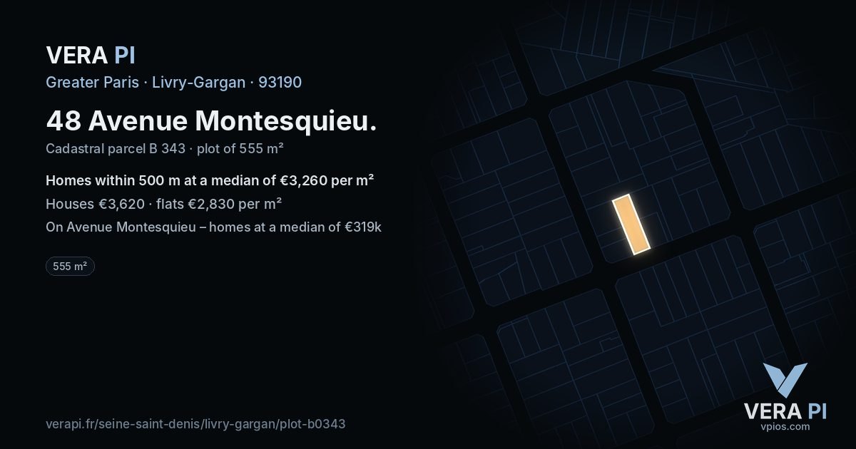 48 Avenue Montesquieu, Livry-Gargan at night – the plot lit, the parcels around coloured by the prices near them