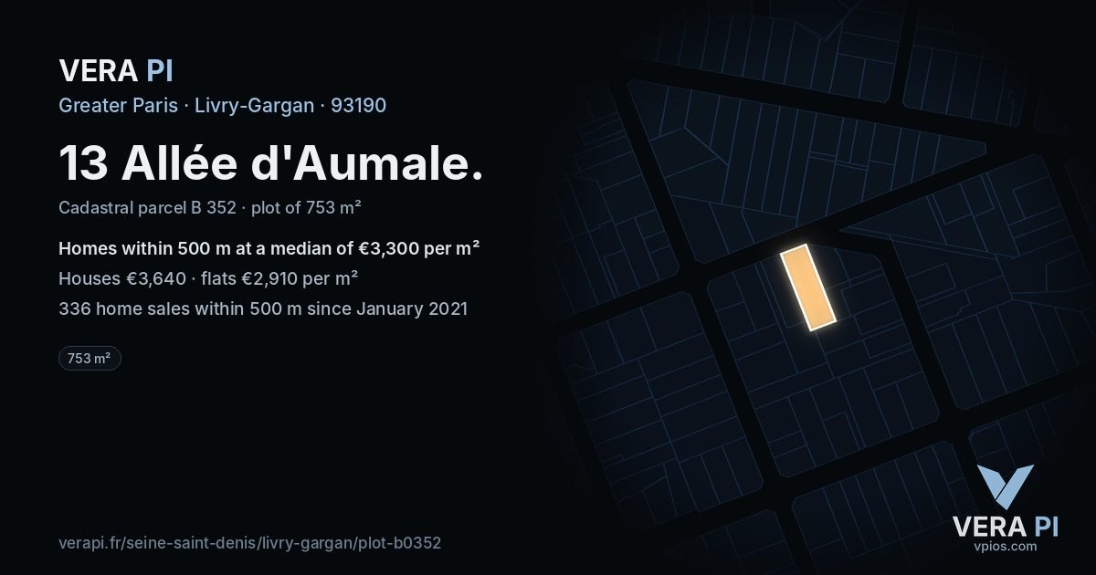 13 Allée d'Aumale, Livry-Gargan at night – the plot lit, the parcels around coloured by the prices near them