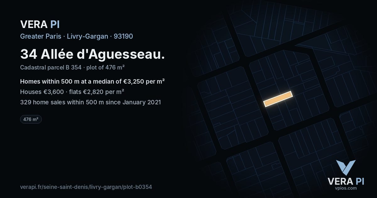 34 Allée d'Aguesseau, Livry-Gargan at night – the plot lit, the parcels around coloured by the prices near them