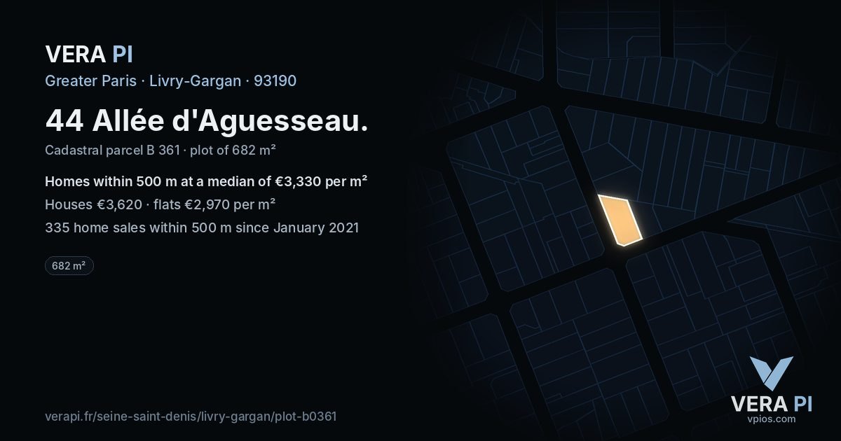 44 Allée d'Aguesseau, Livry-Gargan at night – the plot lit, the parcels around coloured by the prices near them