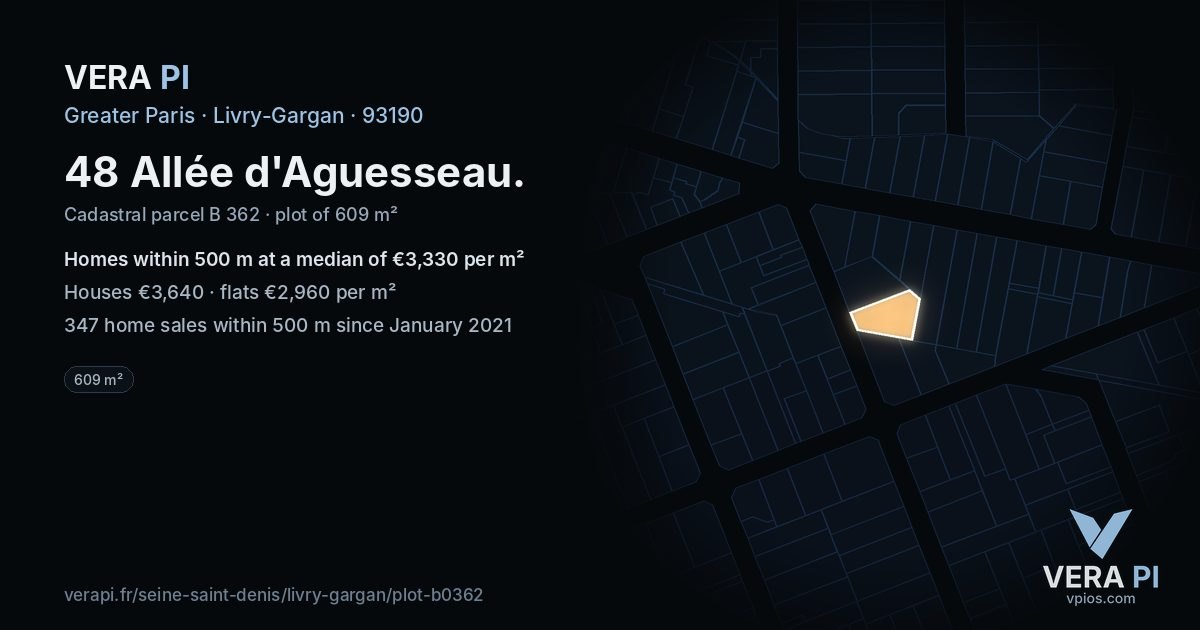 48 Allée d'Aguesseau, Livry-Gargan at night – the plot lit, the parcels around coloured by the prices near them