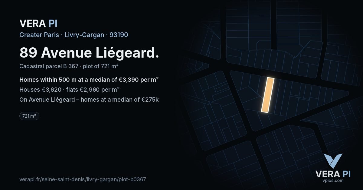89 Avenue Liégeard, Livry-Gargan at night – the plot lit, the parcels around coloured by the prices near them